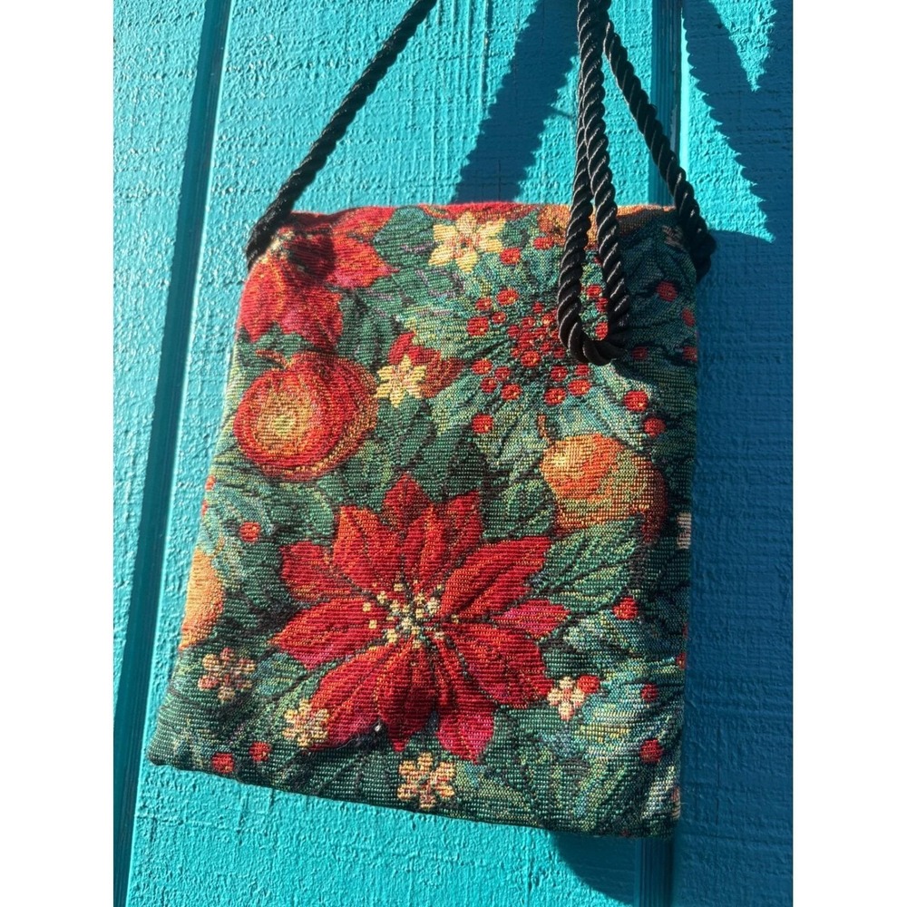 Toby Weston Vintage Tapestry Poinsettia Floral Crossbody Bag Holiday Christmas - Picture 5 of 9